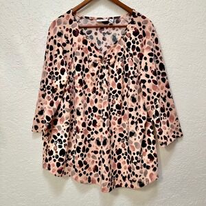 d&co‎ Women's Printed Heavenly Jersey XL Pink Multi Color V Neck 3/4 Sleeves